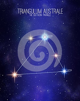Triangulum australe constellation on a starry space background. Stars relative sizes and color shades based on their photo