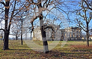 Trianon castle through autumn branches