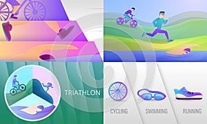 Triathlon banner set, cartoon style