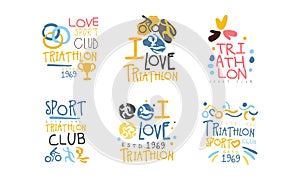 Triathlon Club Logo Design Set, Marathon, Sports Club, Competition Emblems Cartoon Hand Drawn Vector Illustration