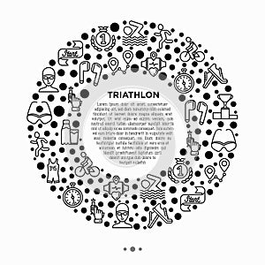 Triathlon concept in circle with thin line icons: runner, swimmer, cycling race, stopwatch, starting, gun, sport glasses, start,