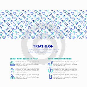 Triathlon concept with thin line icons: runner, swimmer, cycling race, stopwatch, starting, gun, sport glasses, start, victory,