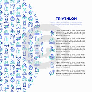 Triathlon concept with thin line icons: runner, swimmer, cycling race, stopwatch, starting, gun, sport glasses, start, victory,