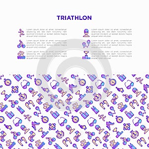 Triathlon concept with thin line icons: runner, swimmer, cycling race, stopwatch, starting, gun, sport glasses, start, victory,