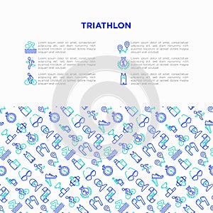 Triathlon concept with thin line icons: runner, swimmer, cycling race, stopwatch, starting, gun, sport glasses, start, victory,