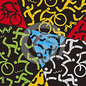 Triathlon icons, colorful dynamic background.