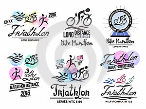 Triathlon logo. Sports logo with elements of calligraphy. Bike marathon logo.