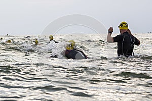 Triathlon participant at the start of the swimming