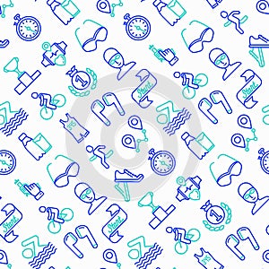 Triathlon seamless pattern with thin line icons: runner, swimmer, cycling race, stopwatch, starting, gun, sport glasses, start,