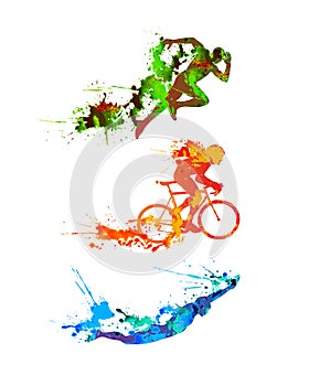 Triathlon set. Splash paint silhouettes