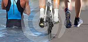 Triathlon swim bike run triathlete man for ironman race concept photo