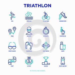 Triathlon thin line icons set: runner, swimmer, cycling race, stopwatch, starting, gun, sport glasses, start, victory, success.