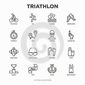 Triathlon thin line icons set: runner, swimmer, cycling race, stopwatch, starting, gun, sport glasses, start, victory, success.