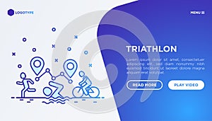 Triathlon web page template with thin line icons: runner, swimmer, cyclist and route with pointers. Modern vector illustration for