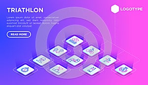 Triathlon web page template with thin line isometric icons: runner, swimmer, cycling race, stopwatch, starting, gun, sport glasses