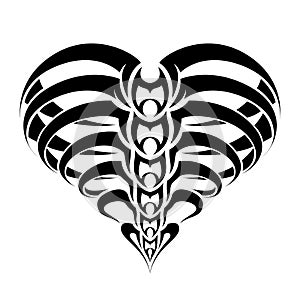 Tribal abstract skeleton and ribs heart tattoo design. Black and white vector illustration.