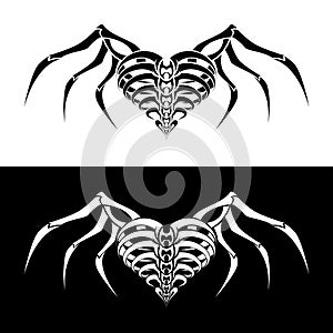 Tribal abstract skeleton and ribs heart with wings tattoo design. Black and white vector illustration.