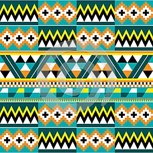 Tribal african dress style geometric seamless vector pattern, inspired by Kente nwentoma designs from Ghana in yellow, green and o