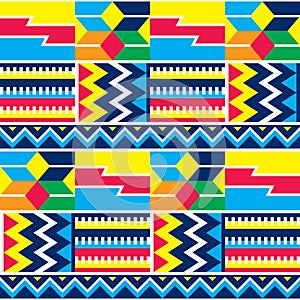 Tribal african dress style geometric seamless vector pattern, inspired by Kente nwentoma designs from Ghana in yellow, green, oran