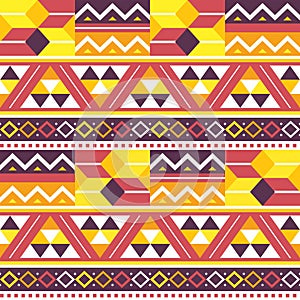 Tribal african Kente fabric print or textile  geometric seamless vector pattern, inspired designs from Ghana in yellow, orange and