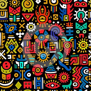 Tribal african mexican style ethnic hand drawn doodle symbols and signs seamless pattern. Trendy vector african background with
