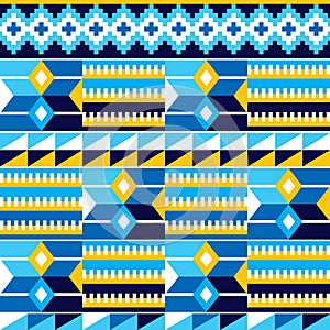 Tribal african seamless vector pattern with geometric shapes, Kente nwentoma style inspired vector design in blue and yellow