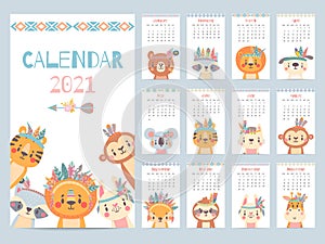 Tribal animal calendar. Monthly 2021 calendar with cute forest animals, savanna characters. Bear, fox and lion, rabbit