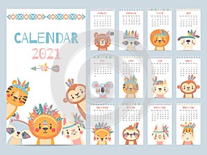 Tribal animal calendar. Monthly 2021 calendar with cute forest animals, savanna characters. Bear, fox and lion, rabbit, giraffe