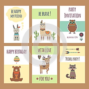 Tribal animals cards. Cute zoo characters squirrel llama hare fox deer lion elephant bear with feather vector poster