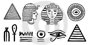 Tribal art Egyptian ethnic icon. Egypt sketch cartoon hand drawn black silhouettes isolated on a white background. Vector tribal