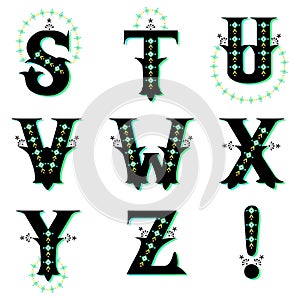 Tribal black alphabets. Stuvwxyz collection. Gradient ethnic letters set. Vector stock characters with geometric patterns.