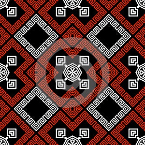 Tribal black white red elegant greek style vector seamless pattern. Ornamental geometric ethnic background. Colorful