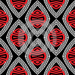 Tribal black white red elegant greek style vector seamless pattern. Ornamental geometric ethnic background. Colorful