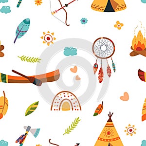 Tribal boho elements seamless pattern. Arrow, kanoe and wigwam, dream catcher and floral elements. Doodle feathers