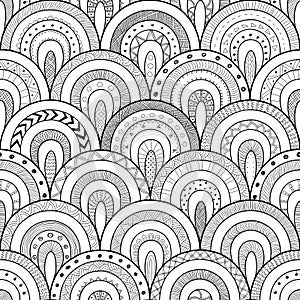 Tribal contour seamless pattern, indian or african ethnic patchwork style. Round tiles with hand drawn texture.