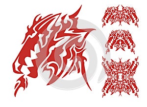 Tribal dragon head with an open mouth and dragon elements