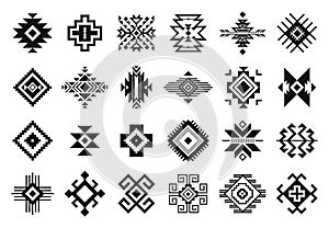 Tribal elements. Monochrome geometric american indian patterns, navajo and aztec, ethnic ornament for textile decorative