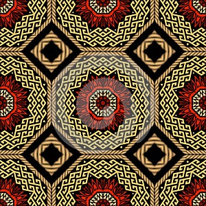 Tribal ethnic gold red black seamless pattern. Floral abstract vector background. Greek key meander ornament. Decorative geometric