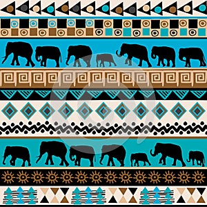 Tribal ethnic pattern with elephants silhouettes and traditional symbols