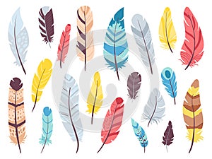Tribal feathers set. Flat doodle feather, bird plumage collection. Indian boho decorative elements, art vintage design