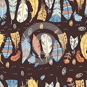 Tribal Feathers Vector Seamless pattern, hand drawn boho