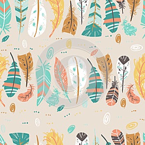 Tribal Feathers Vector Seamless pattern, hand drawn boho