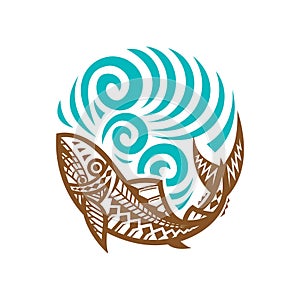 Tribal Fish wave illustration vintage