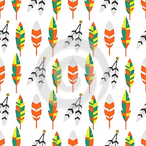 Tribal flat feather bird vintage colorful ethnic seamless pattern vector illustration.