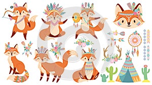 Tribal fox. Cute foxes, indian feather warbonnet and wild animal cartoon vector illustration set