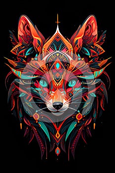 Tribal Fox with feathers. Ethnic fox illustration. Generative AI
