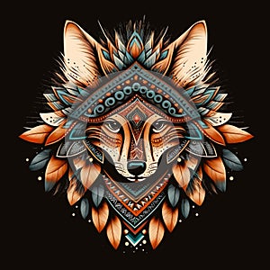 Tribal Fox with red, blue feathers. Ethnic fox illustration. Generative AI