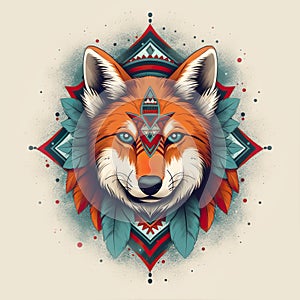 Tribal Fox with red and blue feathers. Ethnic fox illustration. Generative AI