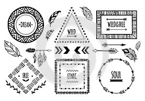 Tribal frames. American indian ethnic frame, bohemian aztec tattoo or tribals fashion border isolated vector