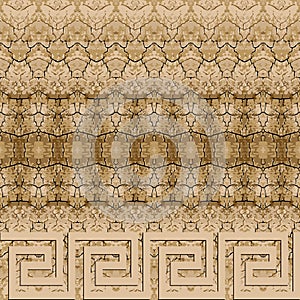 Tribal greek vector seamless border pattern. Textured grunge cracked background. Greek key meander ethnic ornaments. Geometric